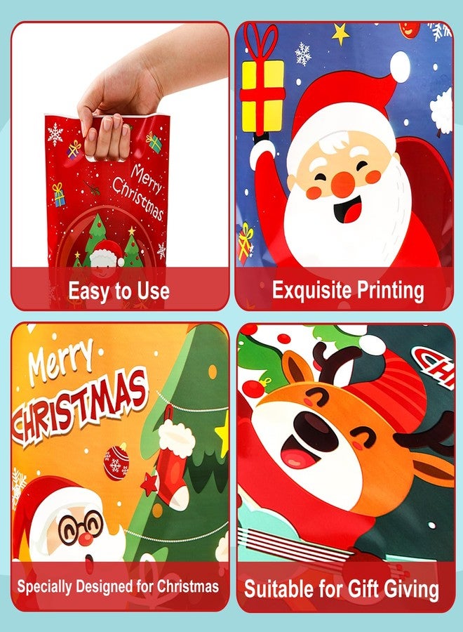 QIFU 50 Pcs Christmas Gift Bags with Handles - 4 Styles Merry Christmas Trees Santa Claus Snowman Elk Plastic Bulk Treat Tote Cookie Goody Candy Snack Bags for Winter Xmas Holiday Party Decorations Favors - Image 5